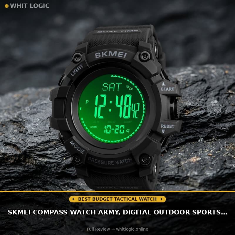 SKMEI Compass Watch Army, Digital Outdoor Sports Watch for Men Women, Pedometer Altimeter Calories Barometer Temperature Waterproof (Black)